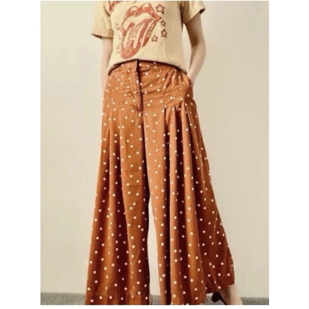 Anthropologie Maeve Pleated Wide Leg Pants Isobel Orange Polka Dot Size M